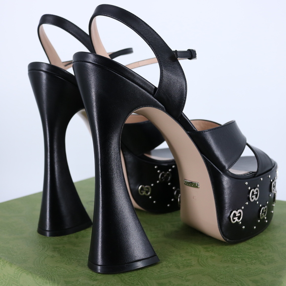 Gucci 41 Janaya Logo Studded Black Platform Heeled Sandals E799 - Picture 12 of 16